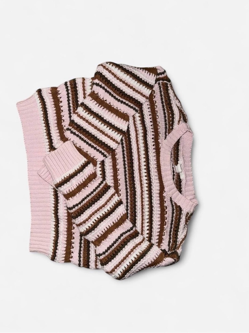 Full Tilt Girls Large Pink Brown Striped Open Knit Sweater 100% Cotton